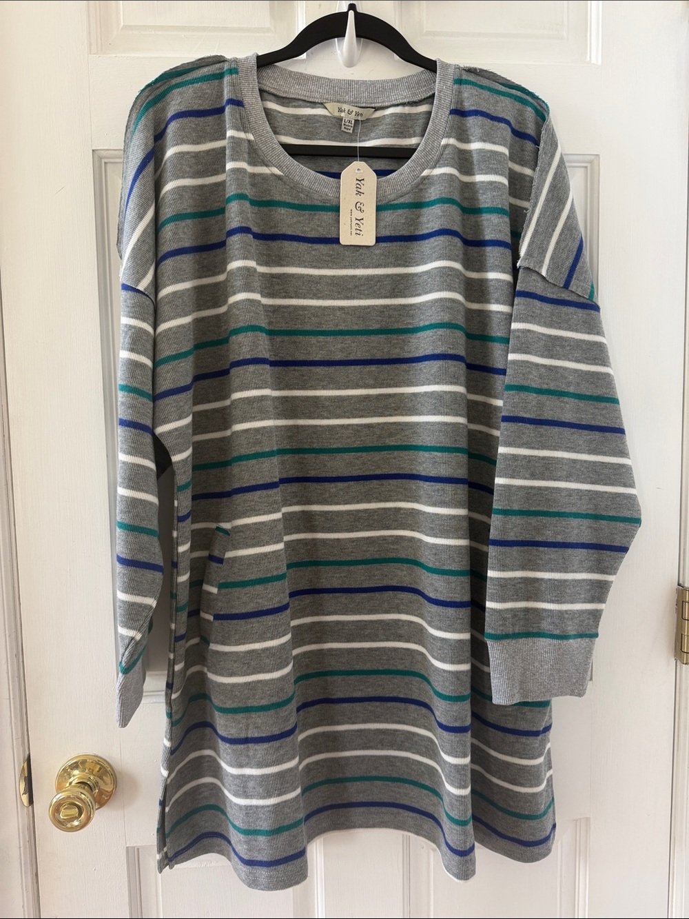 Yak & Yeti Casual Striped Long Sleeve Dress - Grey with Blue & Teal Stripes